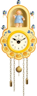 Wanduhr, gelb, mit Mädchen und Vögeln, letztmalig 2025