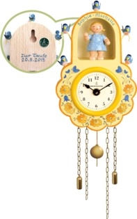 Wanduhr, gelb, mit Mädchen und Vögeln