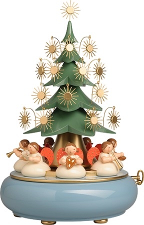 Spieldose mit unter dem Baum sitzenden Engeln We Wish You a Merry Christmas